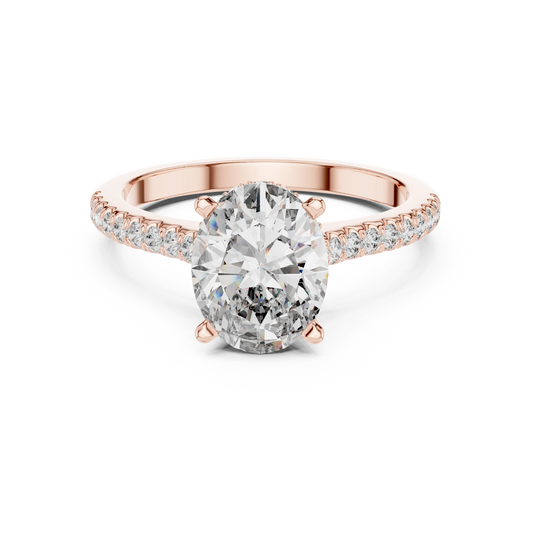 Oval Hidden Halo Cathedral Pavé Moissanite Engagement Ring in rose 925 sterling silver, view 4