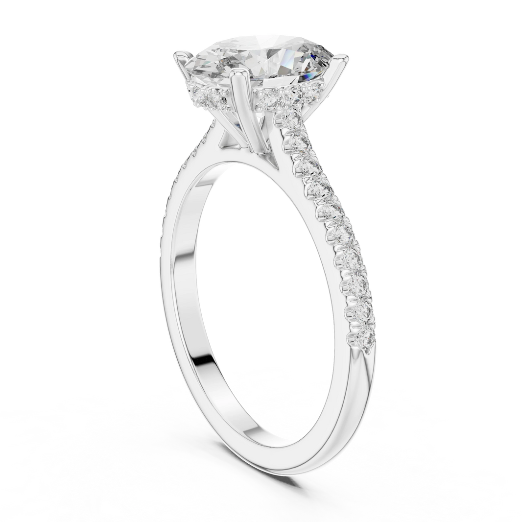 Oval Hidden Halo Cathedral Pavé Moissanite Engagement Ring in white 925 sterling silver, view 1
