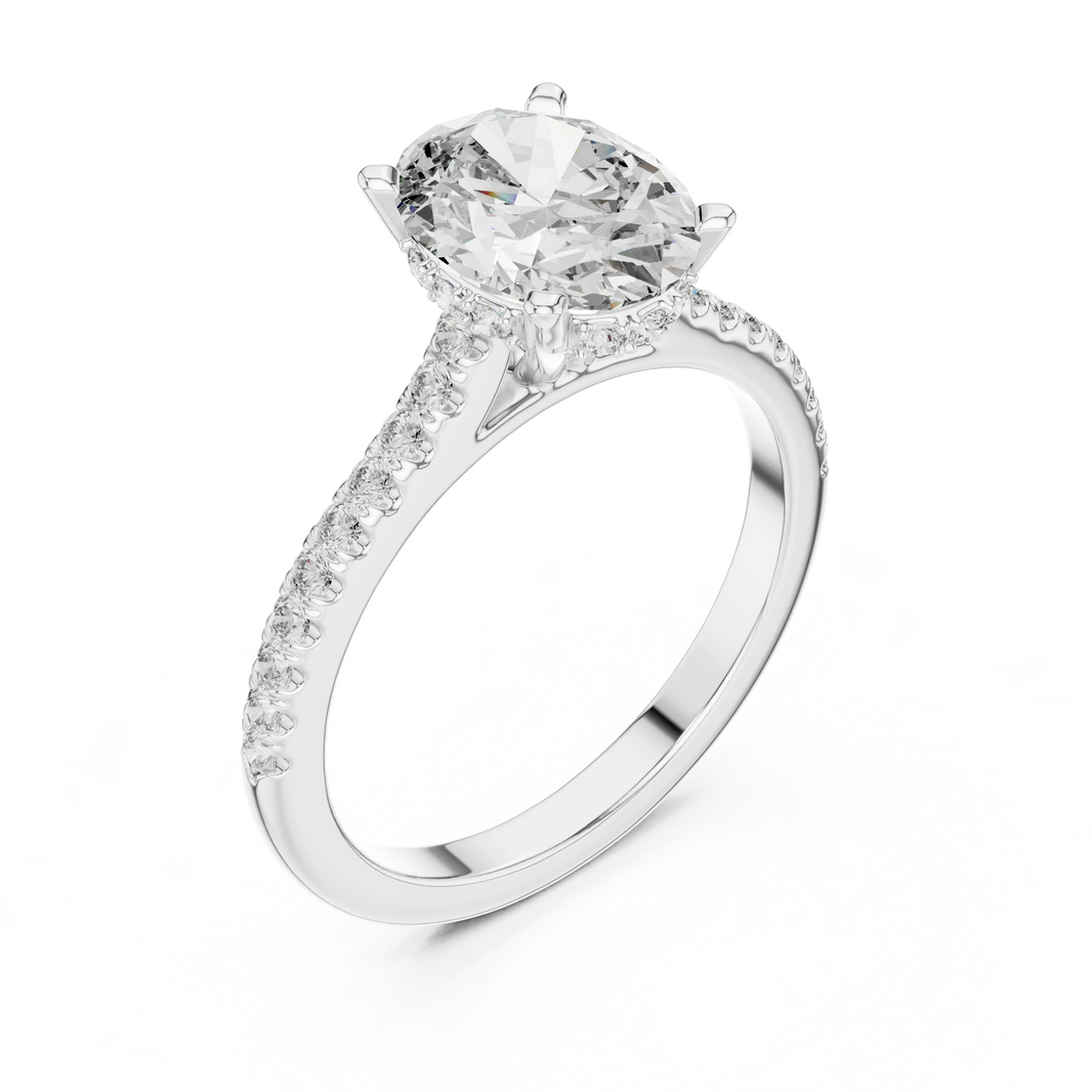 Oval Hidden Halo Cathedral Pavé Moissanite Engagement Ring in white 925 sterling silver, view 2