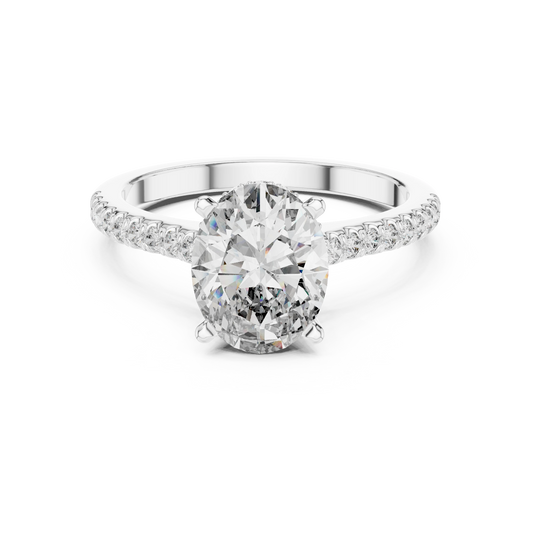 Oval Hidden Halo Cathedral Pavé Moissanite Engagement Ring in white 925 sterling silver, view 4