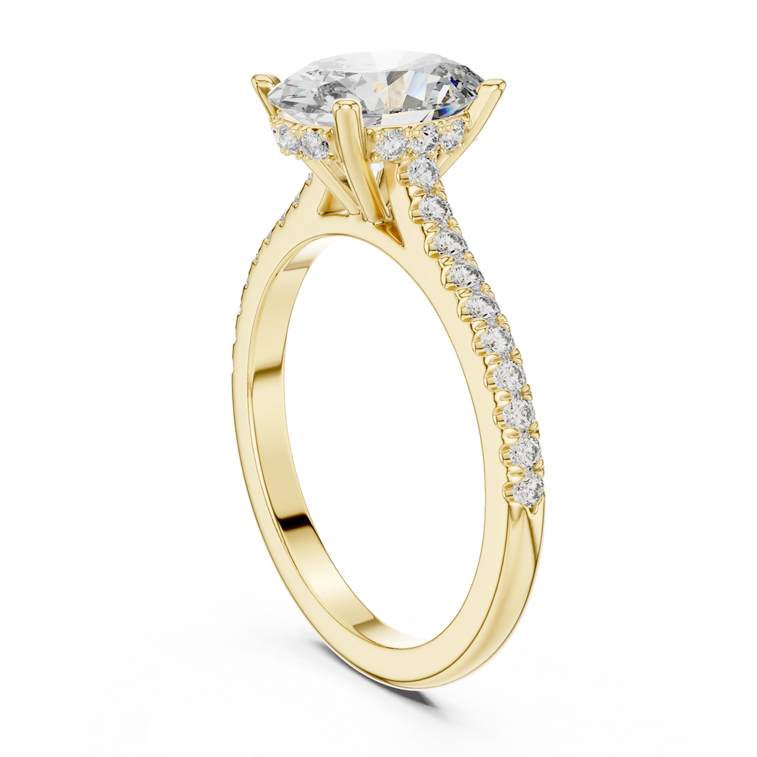 Oval Hidden Halo Cathedral Pavé Moissanite Engagement Ring in yellow 925 sterling silver, view 1
