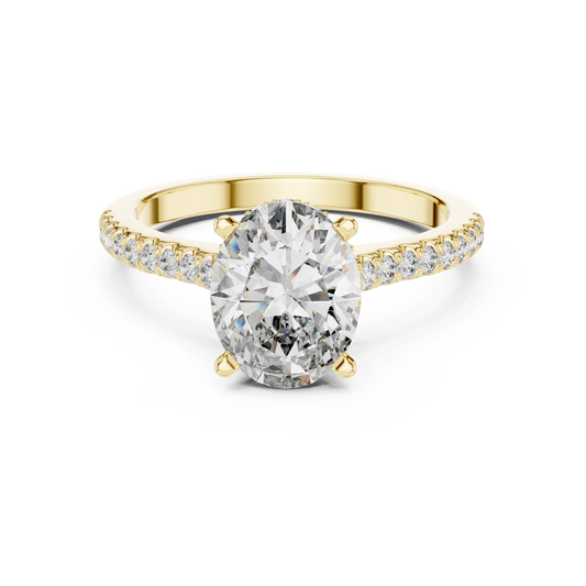 Oval Hidden Halo Cathedral Pavé Moissanite Engagement Ring in yellow 925 sterling silver, view 4
