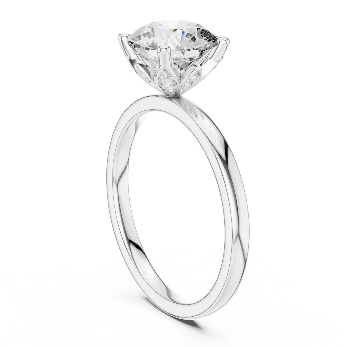 Round Lotus Basket Moissanite Solitaire Engagement Ring in white 925 sterling silver, view 1