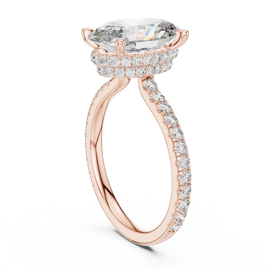Elongated Oval Double Hidden Halo Moissanite Engagement Ring in rose 925 sterling silver, view 1