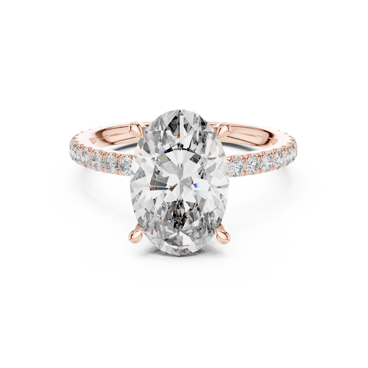 Elongated Oval Double Hidden Halo Moissanite Engagement Ring in rose 925 sterling silver, view 4