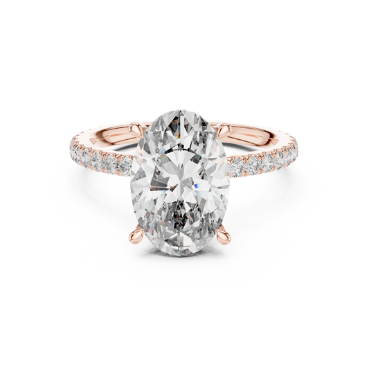 Elongated Oval Double Hidden Halo Moissanite Engagement Ring in rose 925 sterling silver, view 4