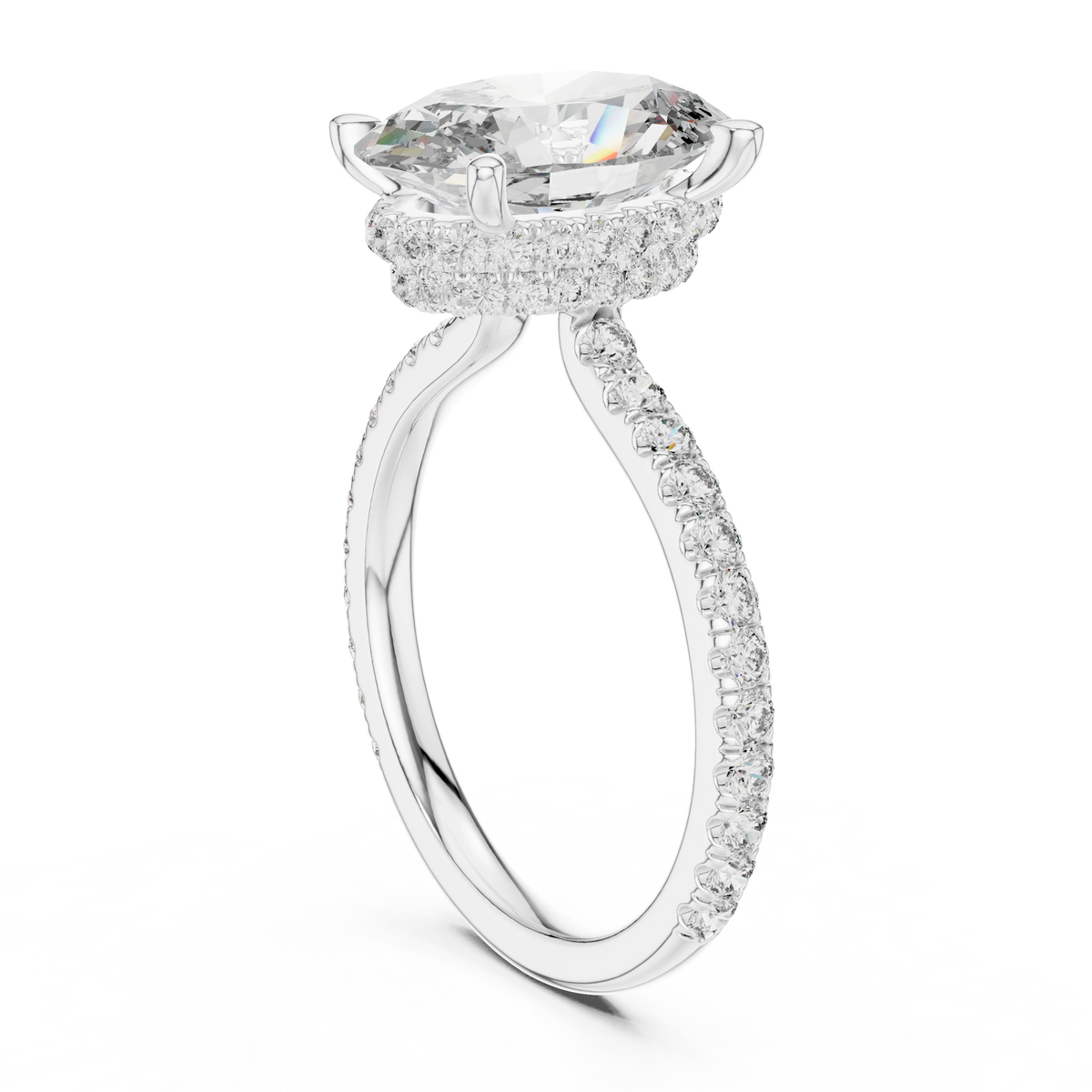 Elongated Oval Double Hidden Halo Moissanite Engagement Ring in white 925 sterling silver, view 1