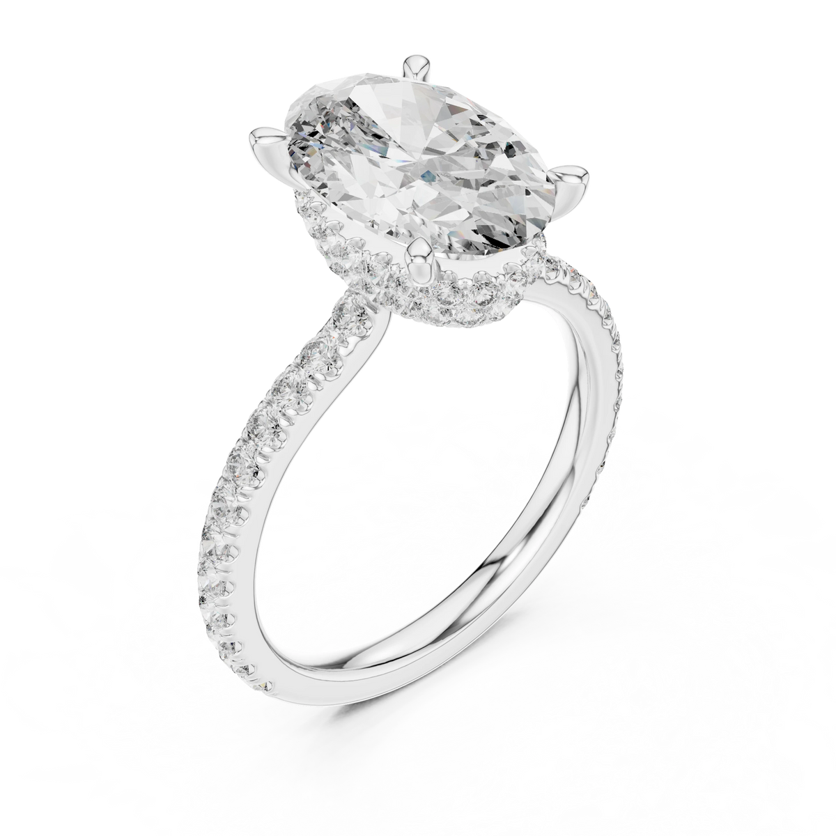Elongated Oval Double Hidden Halo Moissanite Engagement Ring in white 925 sterling silver, view 2