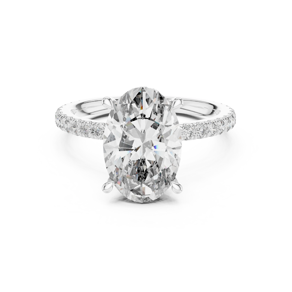 Elongated Oval Double Hidden Halo Moissanite Engagement Ring in white 925 sterling silver, view 4
