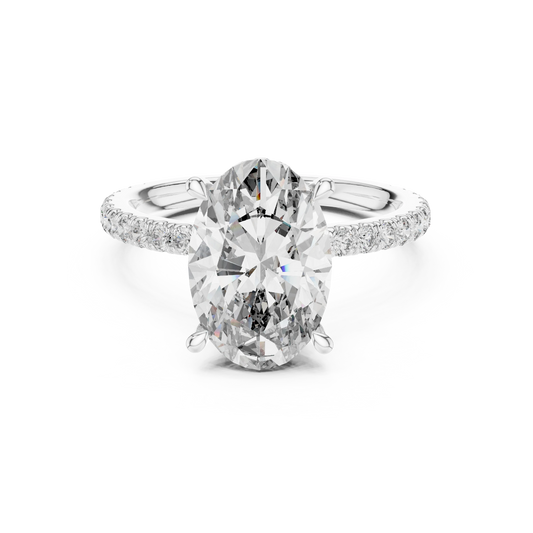 Elongated Oval Double Hidden Halo Moissanite Engagement Ring in white 925 sterling silver, view 4