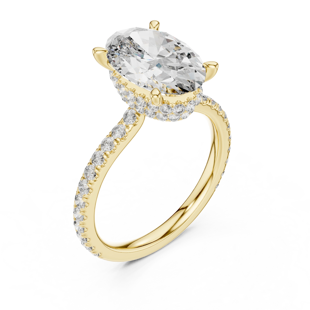 Elongated Oval Double Hidden Halo Moissanite Engagement Ring in yellow 925 sterling silver, view 2