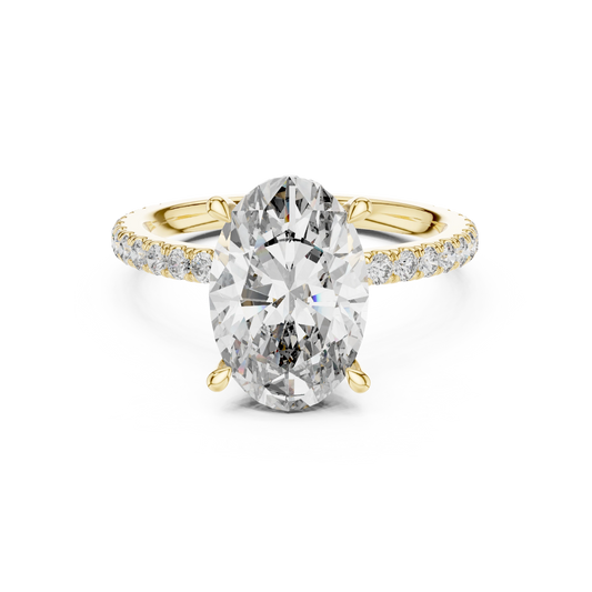 Elongated Oval Double Hidden Halo Moissanite Engagement Ring in yellow 925 sterling silver, view 4