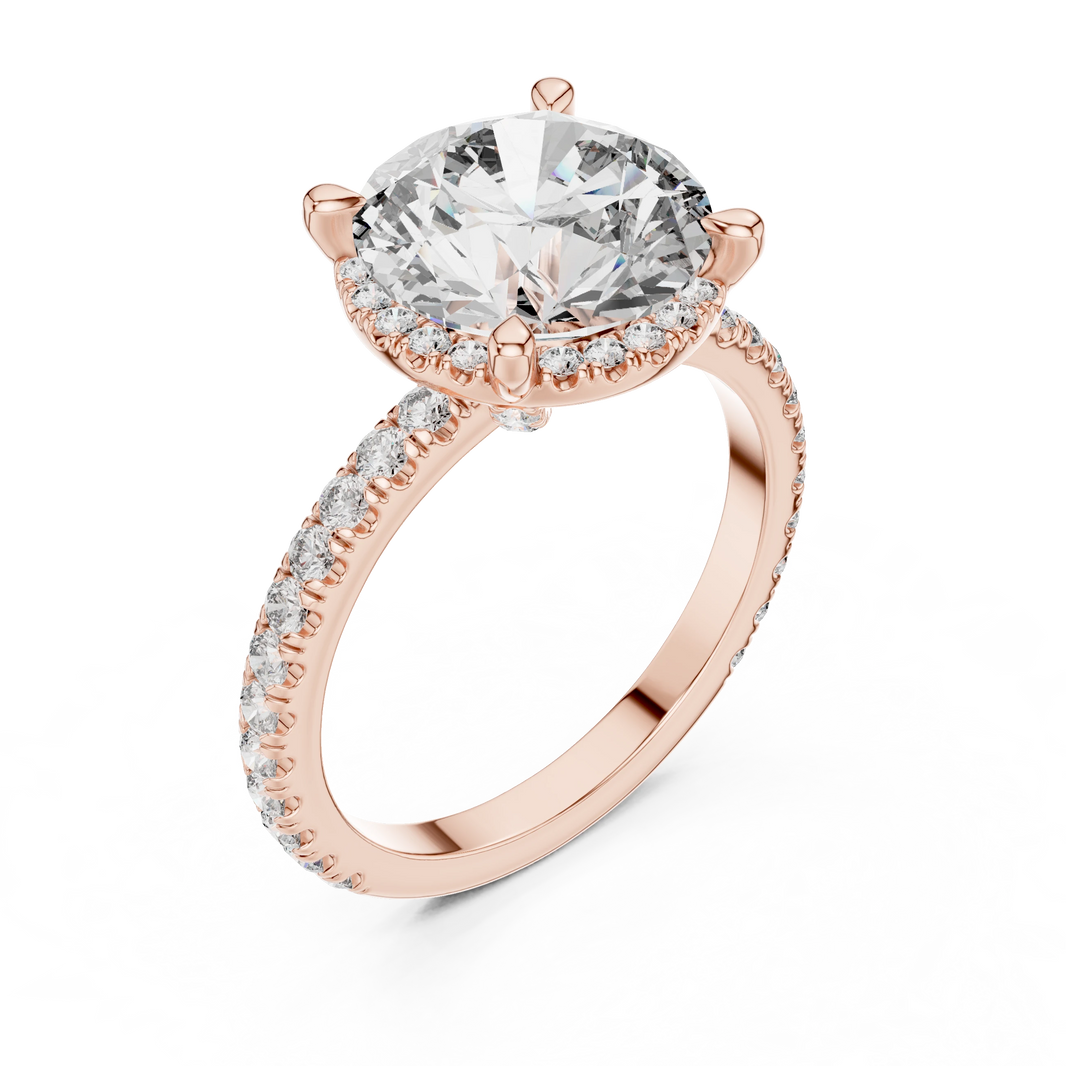 Round Thin Halo Pavé Band Moissanite Engagement Ring in rose 925 sterling silver, view 2
