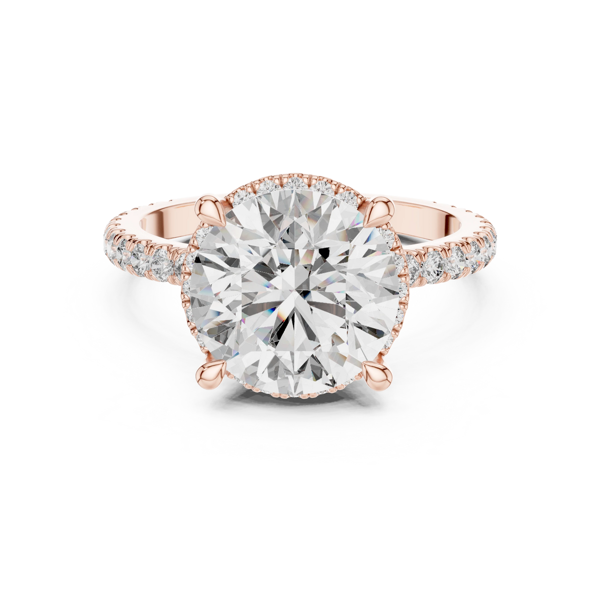 Round Thin Halo Pavé Band Moissanite Engagement Ring in rose 925 sterling silver, view 4