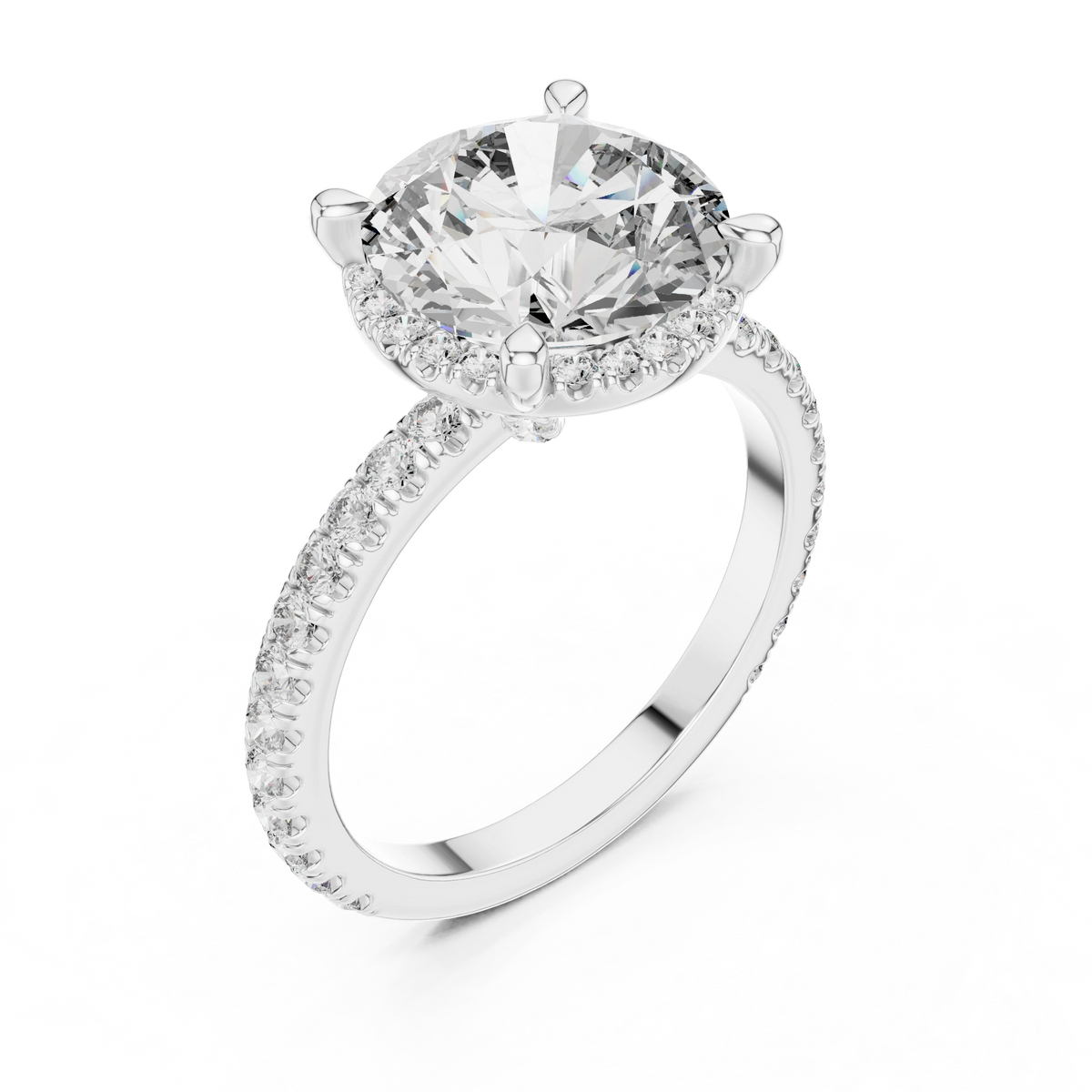 Round Thin Halo Pavé Band Moissanite Engagement Ring in white 925 sterling silver, view 2
