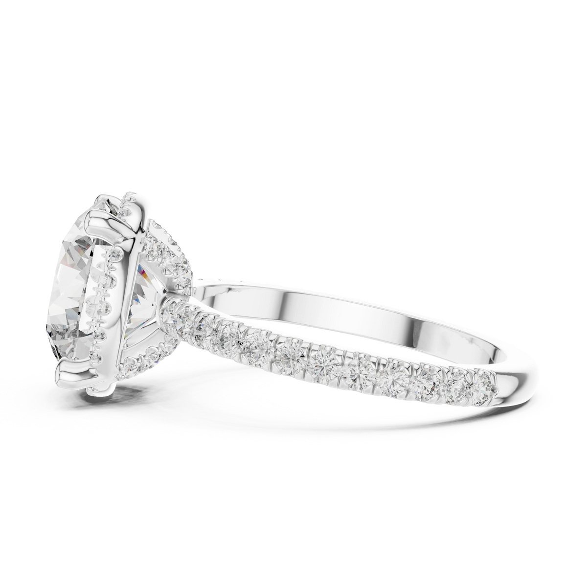 Round Thin Halo Pavé Band Moissanite Engagement Ring in white 925 sterling silver, view 3