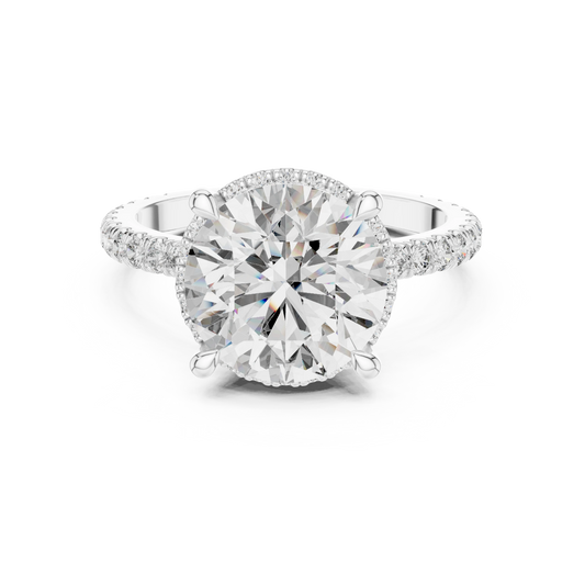 Round Thin Halo Pavé Band Moissanite Engagement Ring in white 925 sterling silver, view 4