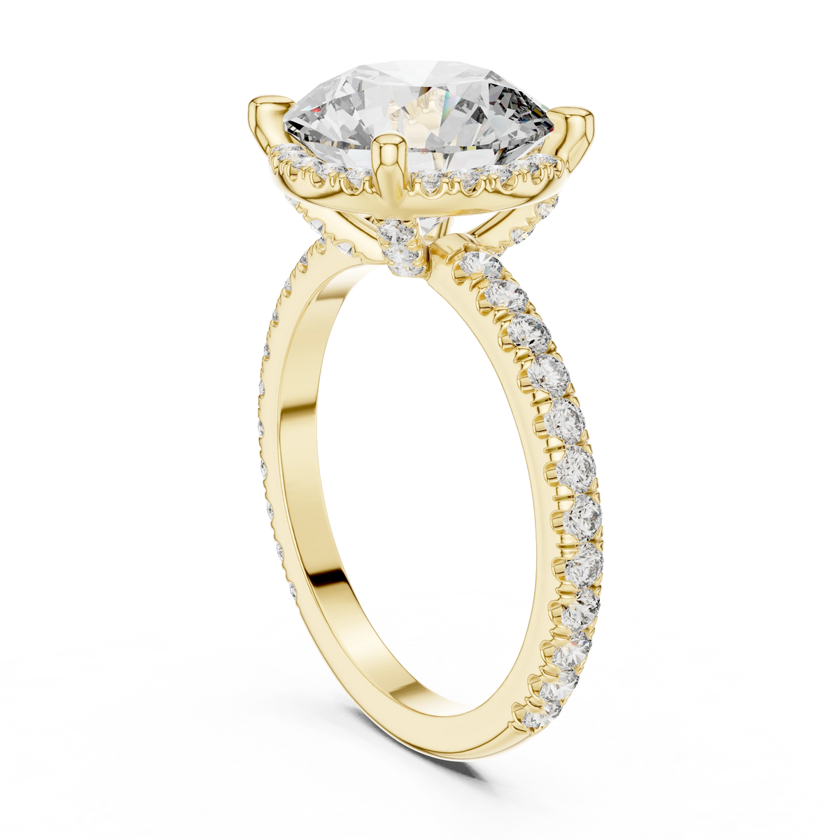 Round Thin Halo Pavé Band Moissanite Engagement Ring in yellow 925 sterling silver, view 1