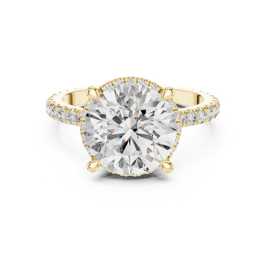 Round Thin Halo Pavé Band Moissanite Engagement Ring in yellow 925 sterling silver, view 4