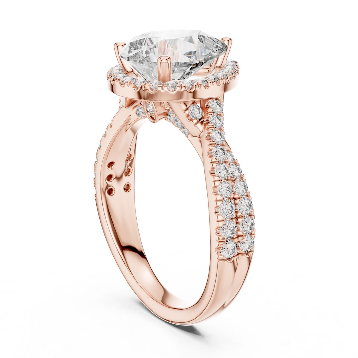 Pear Halo Crossover Pavé Moissanite Engagement Ring in rose 925 sterling silver, view 1