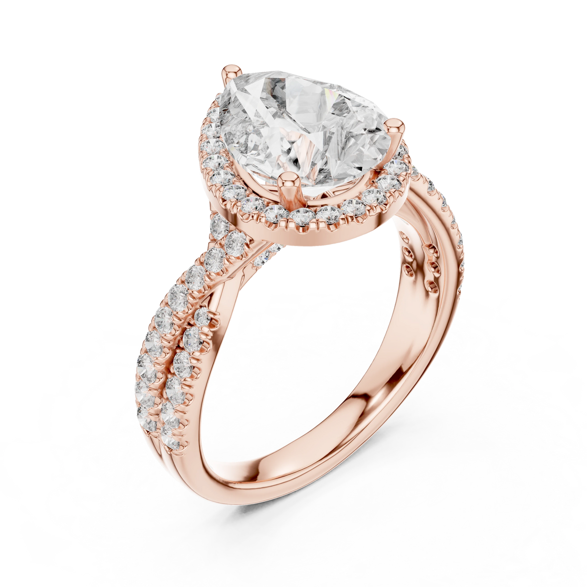 Pear Halo Crossover Pavé Moissanite Engagement Ring in rose 925 sterling silver, view 2
