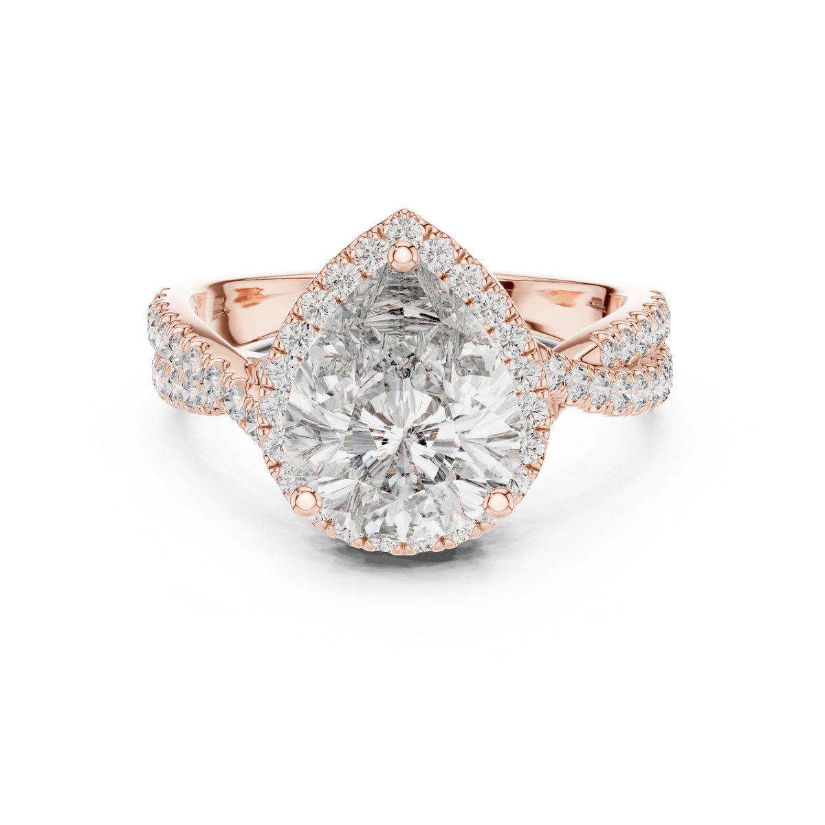 Pear Halo Crossover Pavé Moissanite Engagement Ring in rose 925 sterling silver, view 4