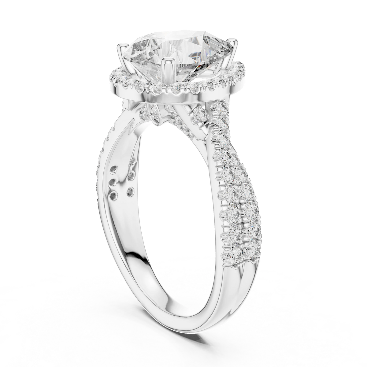 Pear Halo Crossover Pavé Moissanite Engagement Ring in white 925 sterling silver, view 1
