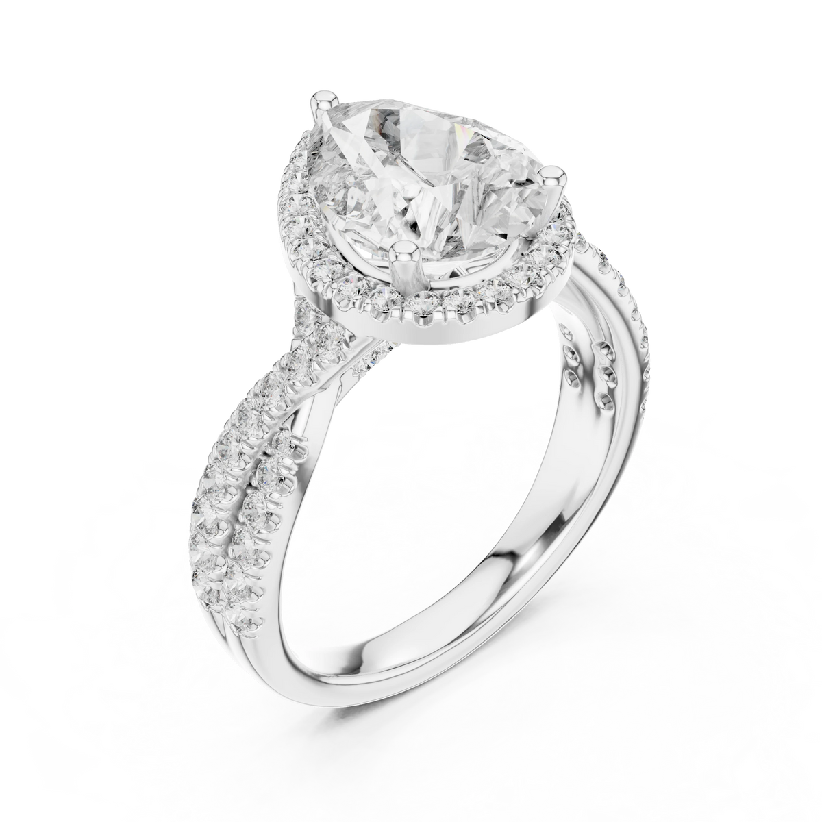 Pear Halo Crossover Pavé Moissanite Engagement Ring in white 925 sterling silver, view 2
