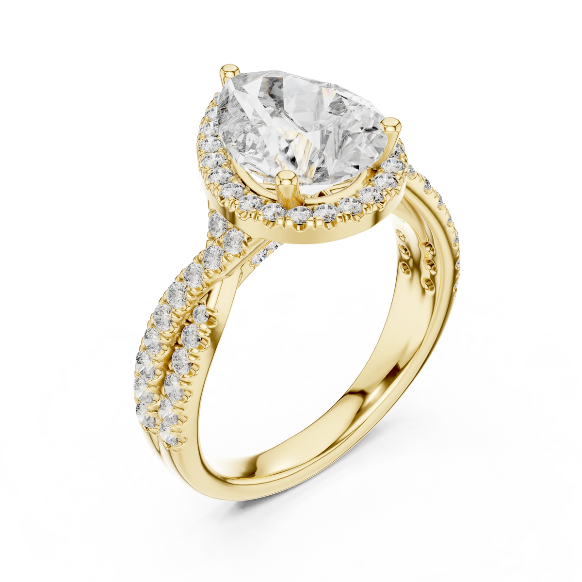 Pear Halo Crossover Pavé Moissanite Engagement Ring in yellow 925 sterling silver, view 2
