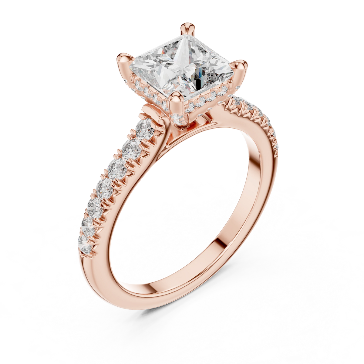 Princess Cut Hidden Halo Pavé Moissanite Engagement Ring in rose 925 sterling silver, view 2