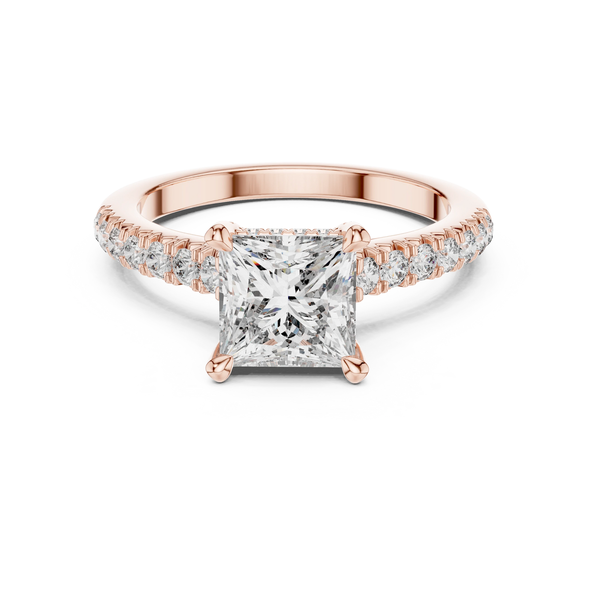 Princess Cut Hidden Halo Pavé Moissanite Engagement Ring in rose 925 sterling silver, view 4