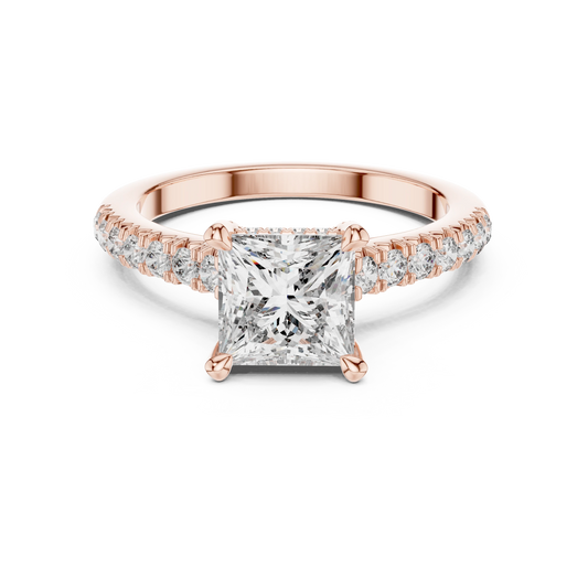 Princess Cut Hidden Halo Pavé Moissanite Engagement Ring in rose 925 sterling silver, view 4