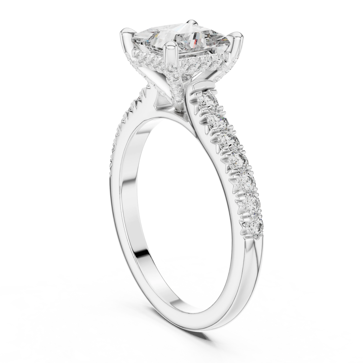 Princess Cut Hidden Halo Pavé Moissanite Engagement Ring in white 925 sterling silver, view 1