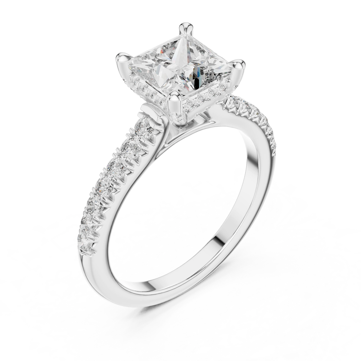 Princess Cut Hidden Halo Pavé Moissanite Engagement Ring in white 925 sterling silver, view 2