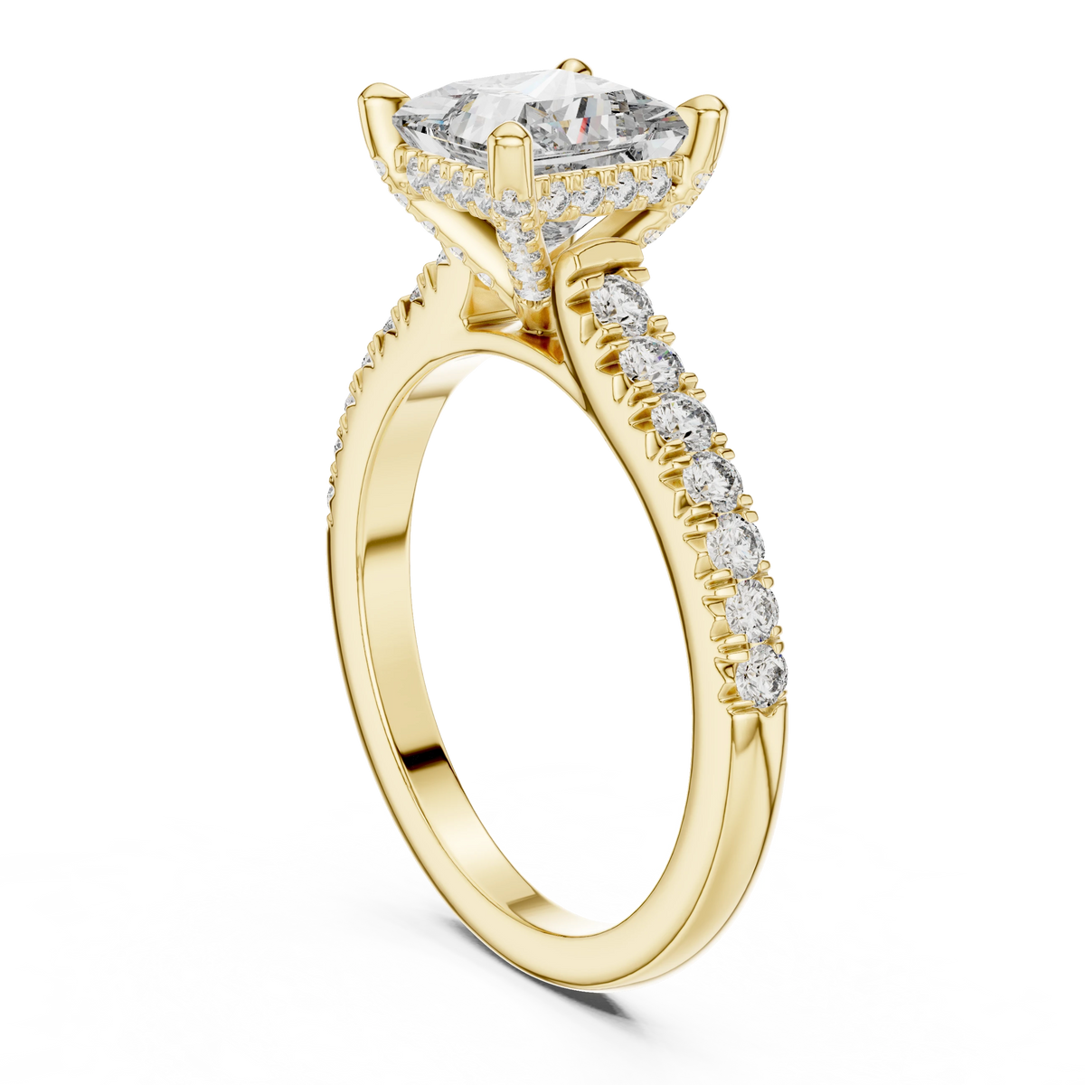Princess Cut Hidden Halo Pavé Moissanite Engagement Ring in yellow 925 sterling silver, view 1