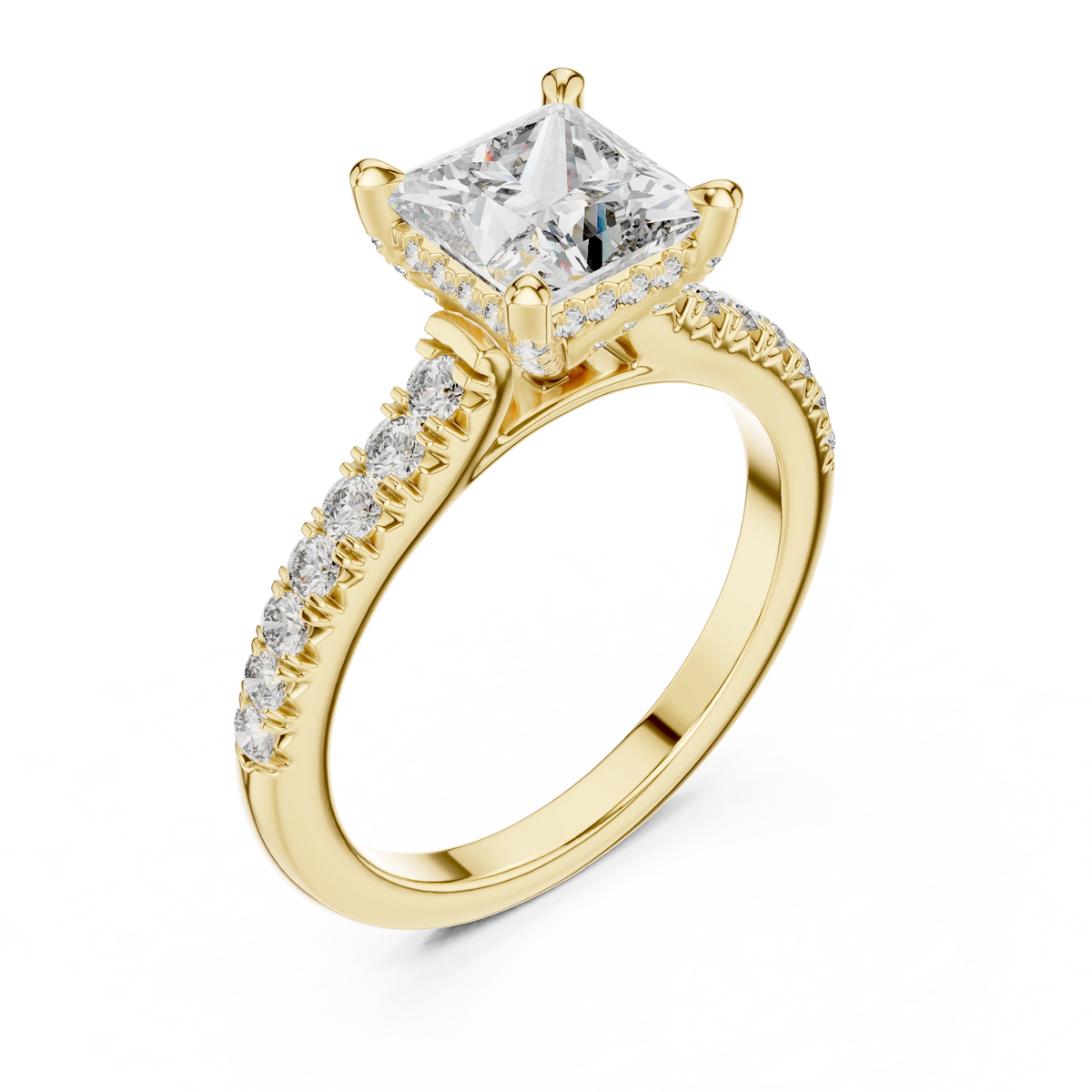 Princess Cut Hidden Halo Pavé Moissanite Engagement Ring in yellow 925 sterling silver, view 2