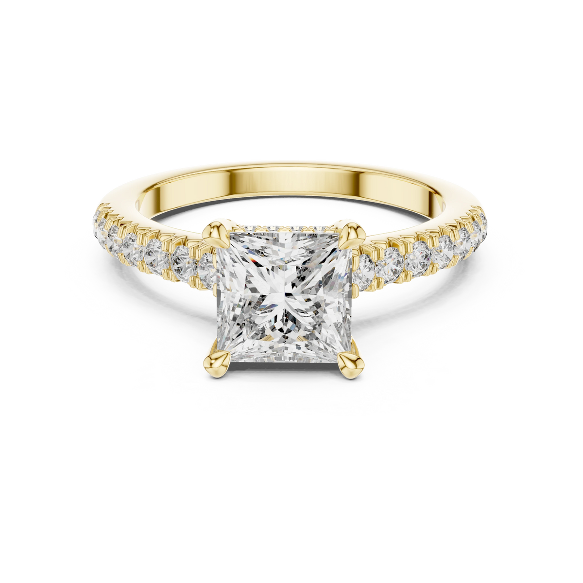 Princess Cut Hidden Halo Pavé Moissanite Engagement Ring in yellow 925 sterling silver, view 4