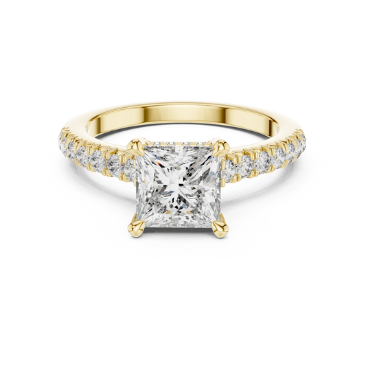 Princess Cut Hidden Halo Pavé Moissanite Engagement Ring in yellow 925 sterling silver, view 4