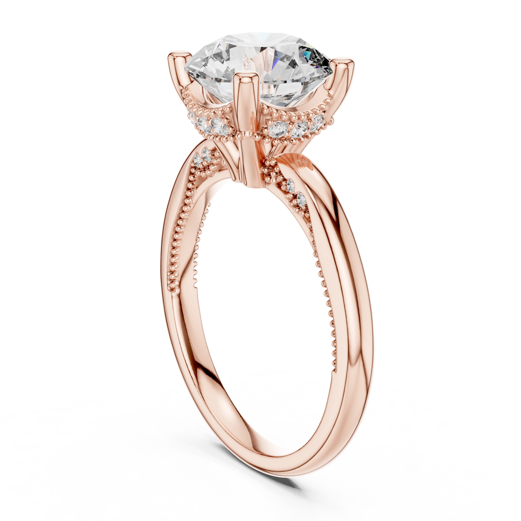 Round Vintage Milgrain Moissanite Solitaire Engagement Ring in rose 925 sterling silver, view 1