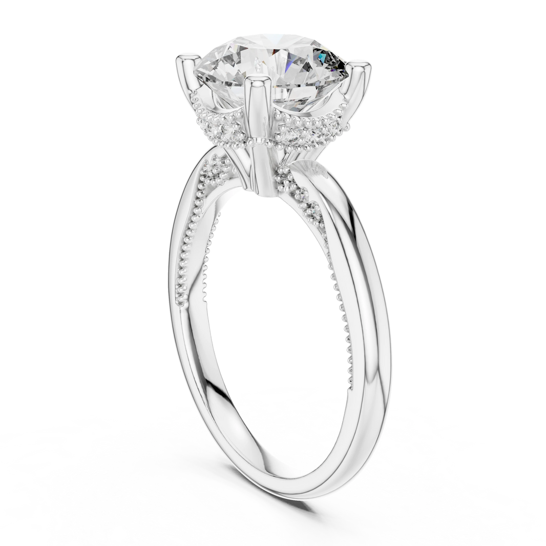 Round Vintage Milgrain Moissanite Solitaire Engagement Ring in white 925 sterling silver, view 1