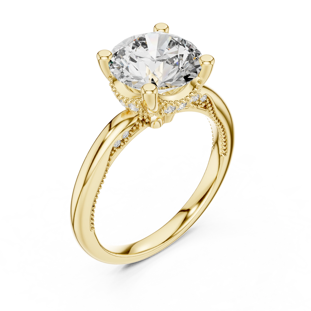 Round Vintage Milgrain Moissanite Solitaire Engagement Ring in yellow 925 sterling silver, view 2