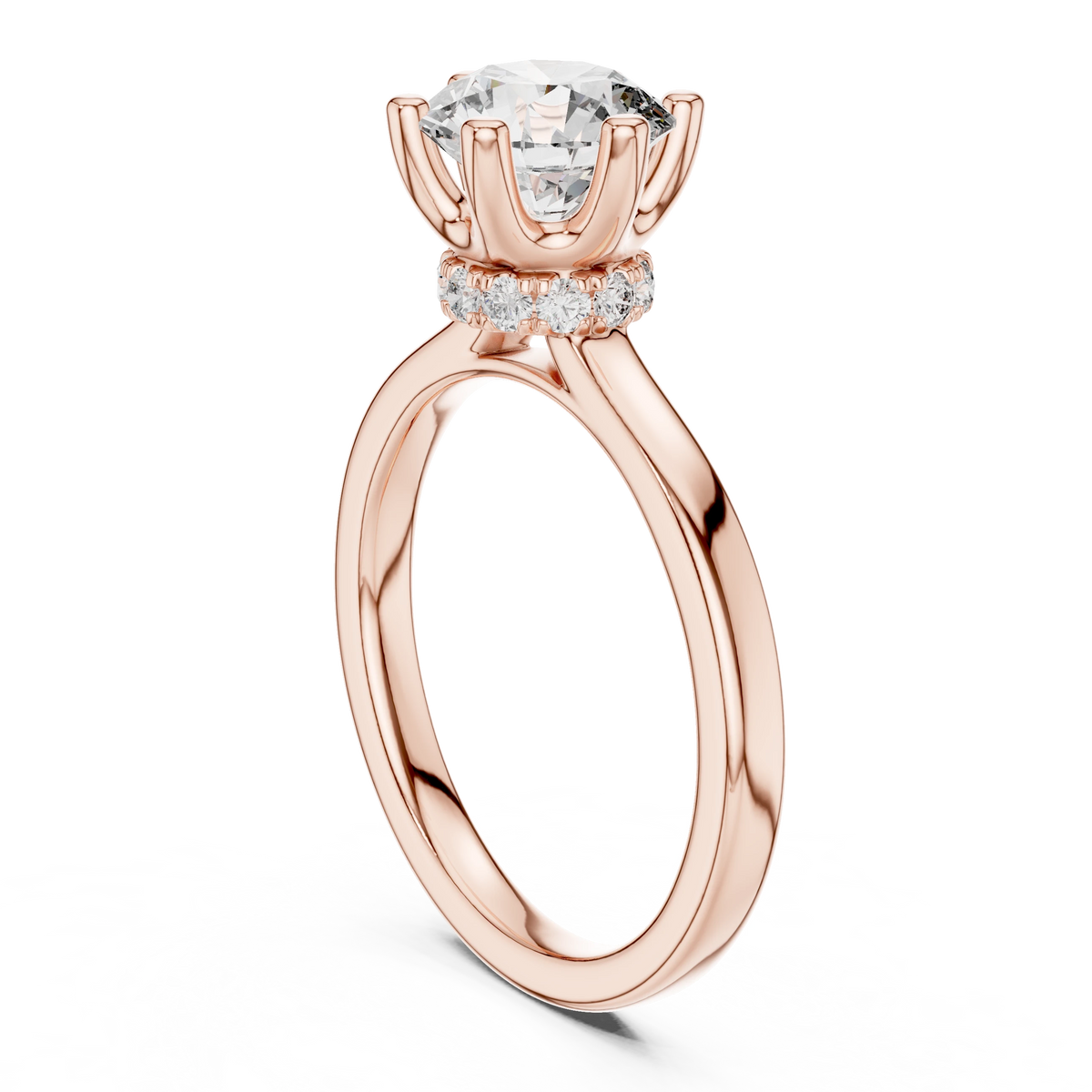 Round Six Prong Crown Hidden Halo Moissanite Engagement Ring in rose 925 sterling silver, view 1