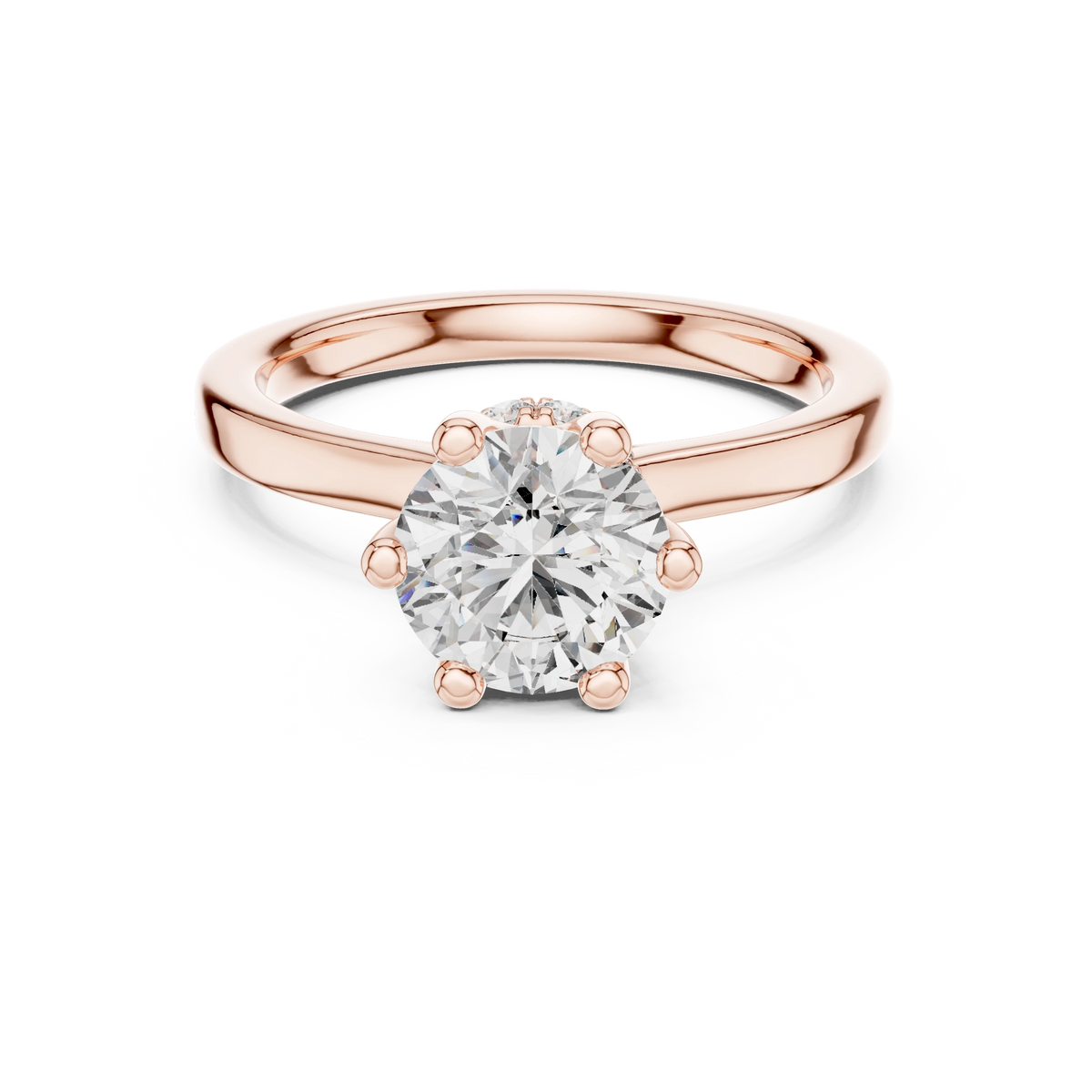 Round Six Prong Crown Hidden Halo Moissanite Engagement Ring in rose 925 sterling silver, view 4