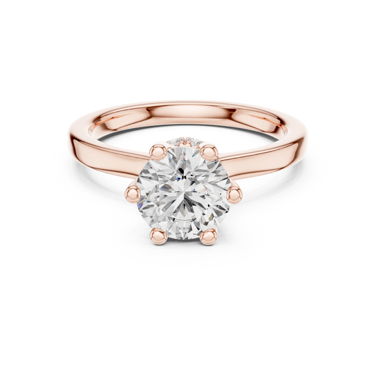 Round Six Prong Crown Hidden Halo Moissanite Engagement Ring in rose 925 sterling silver, view 4