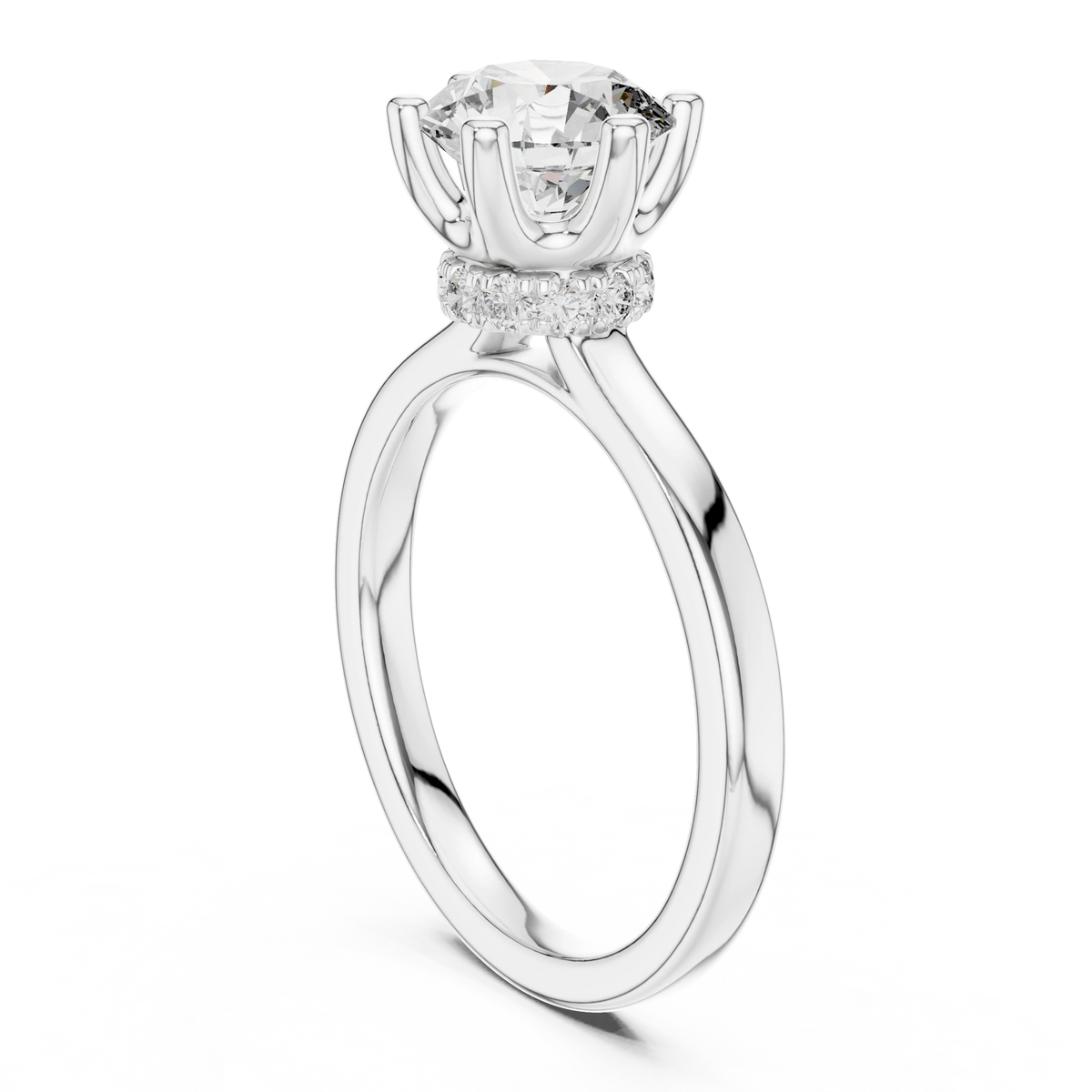 Round Six Prong Crown Hidden Halo Moissanite Engagement Ring in white 925 sterling silver, view 1