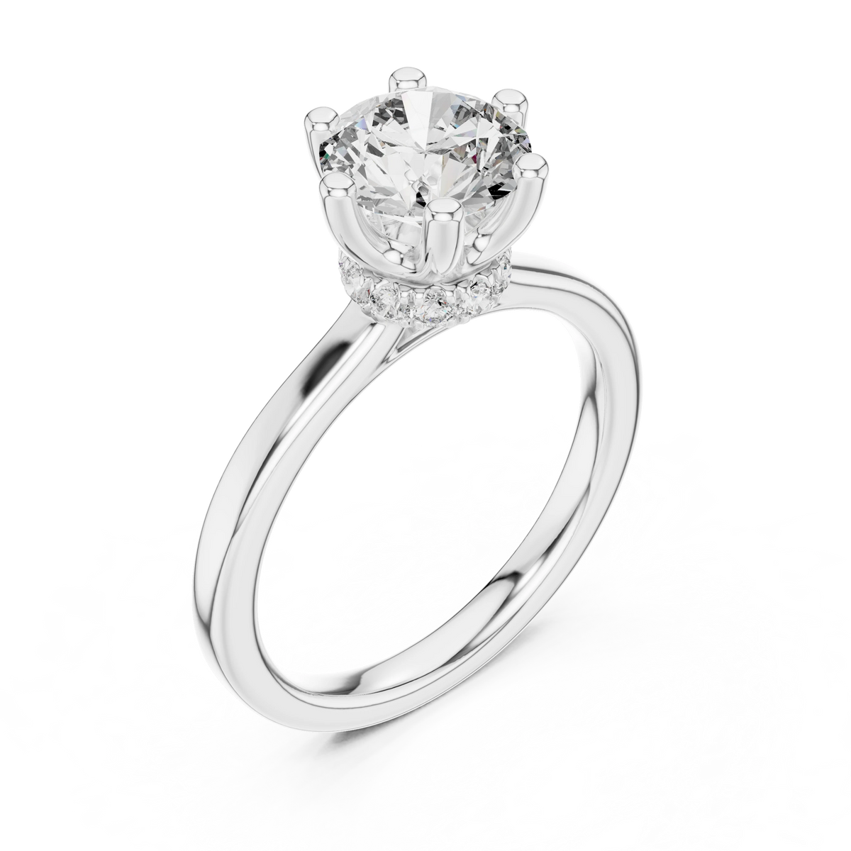 Round Six Prong Crown Hidden Halo Moissanite Engagement Ring in white 925 sterling silver, view 2