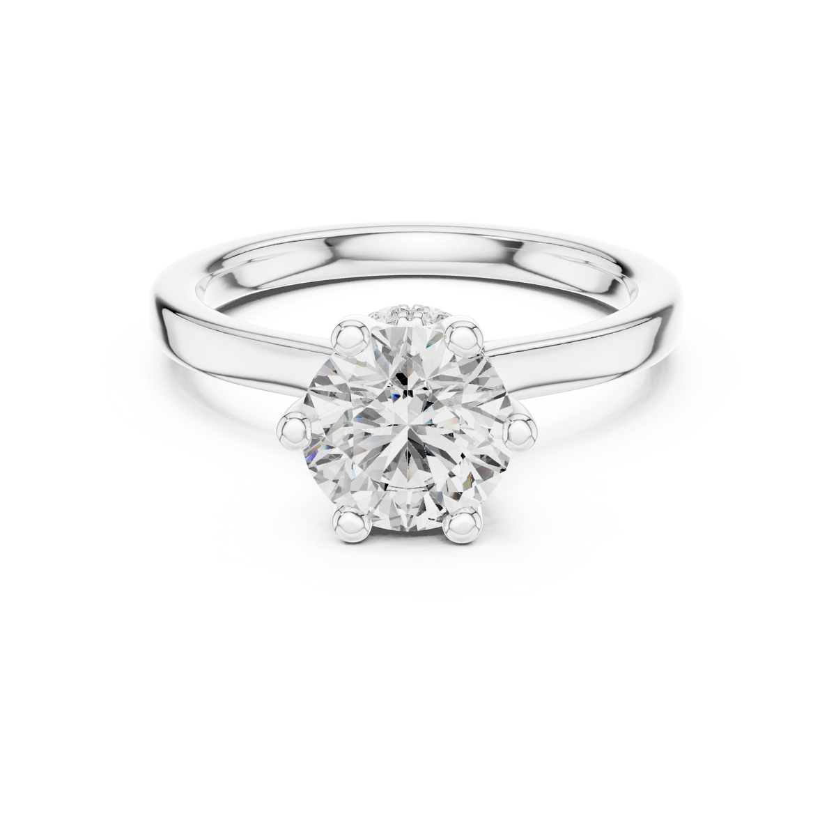 Round Six Prong Crown Hidden Halo Moissanite Engagement Ring in white 925 sterling silver, view 4