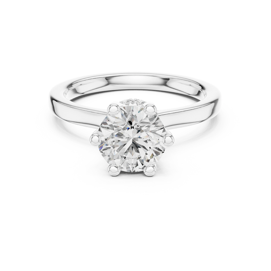 Round Six Prong Crown Hidden Halo Moissanite Engagement Ring in white 925 sterling silver, view 4