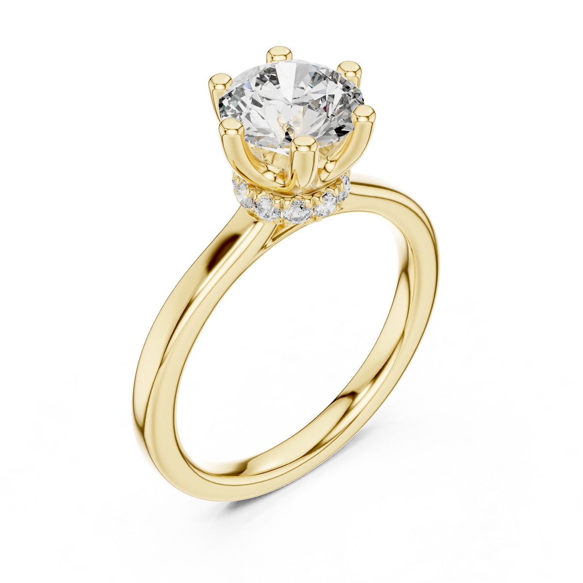 Round Six Prong Crown Hidden Halo Moissanite Engagement Ring in yellow 925 sterling silver, view 2