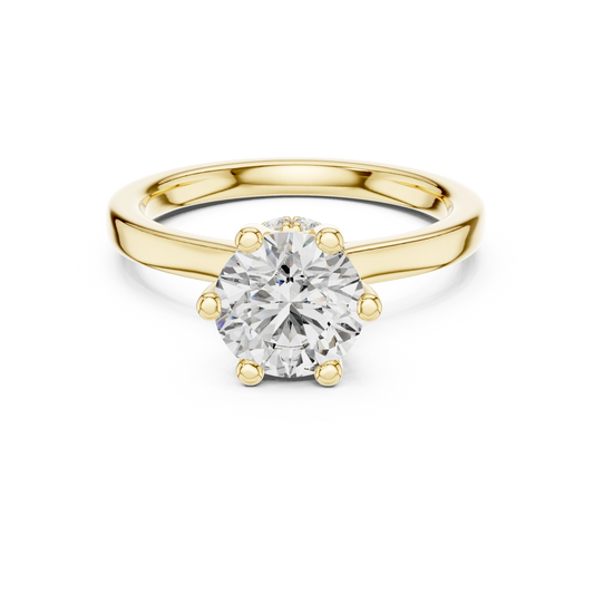 Round Six Prong Crown Hidden Halo Moissanite Engagement Ring in yellow 925 sterling silver, view 4